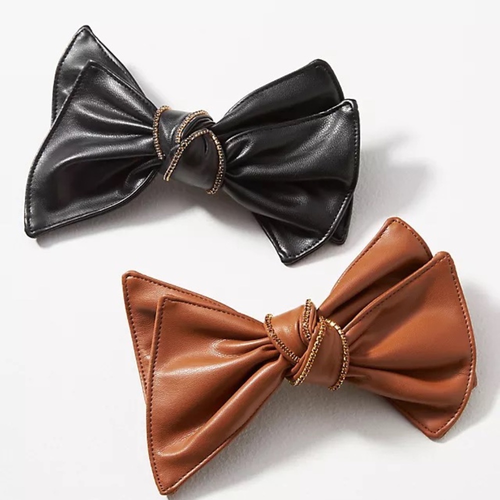 NWT Anthropologie Faux Leather Bow Hair Barrettes, Set of 2